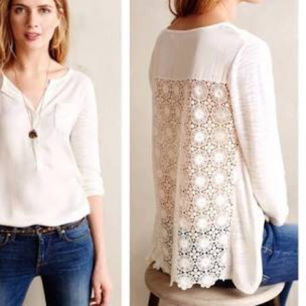 Knitted and Knotted Verso Ivory Henley Top with crochet Embellishments